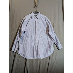 Nautica Shirt Mens 17.5 Blue & White Stripe Plaid 34/35 Button Up Long Sleeve